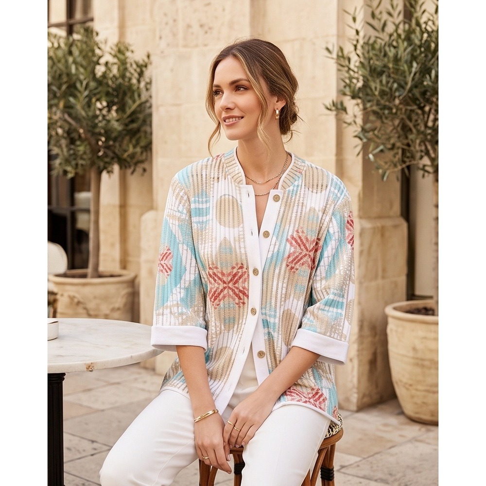 Multiples 2X Geometric Open Knit Button Front Cardigan Turquoise Coral White NEW
